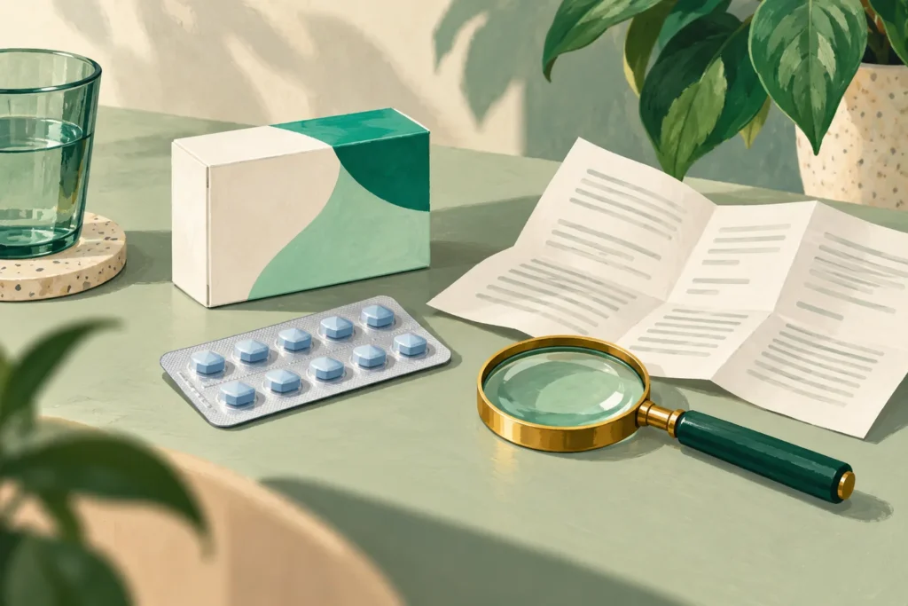 Illustratie van een medicijndoosje, tabletten en een bijsluiter bij de uitleg over Viagra en sildenafil.