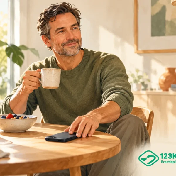 Illustratie van een ontspannen man die zijn telefoon weglegt bij het ontbijt