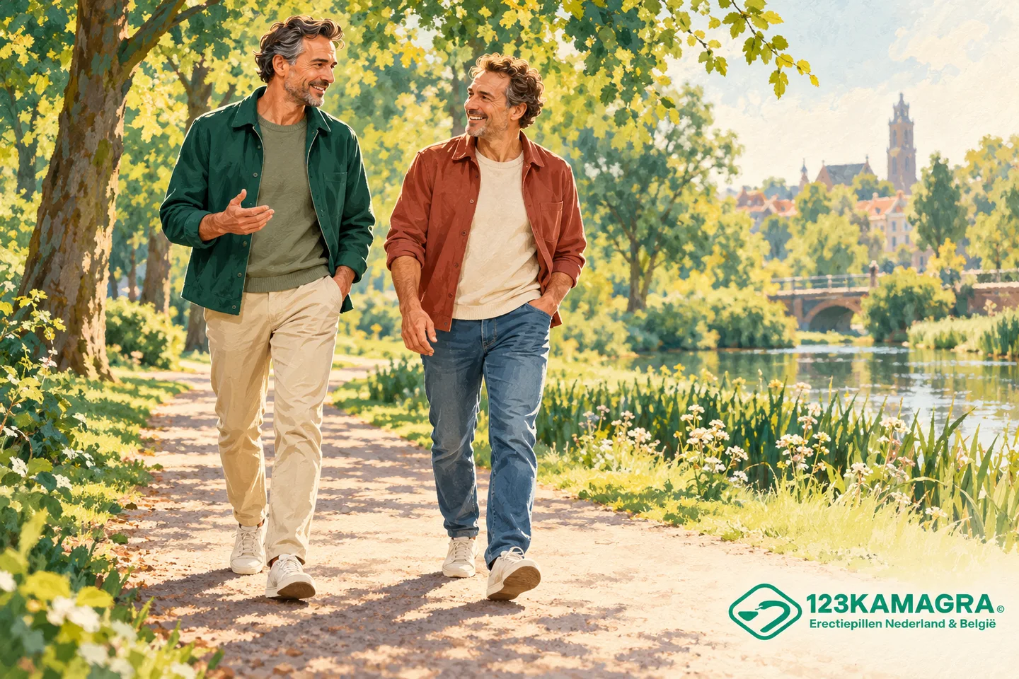 Illustratie van twee mannen die wandelen in een park, met het logo van 123Kamagra.