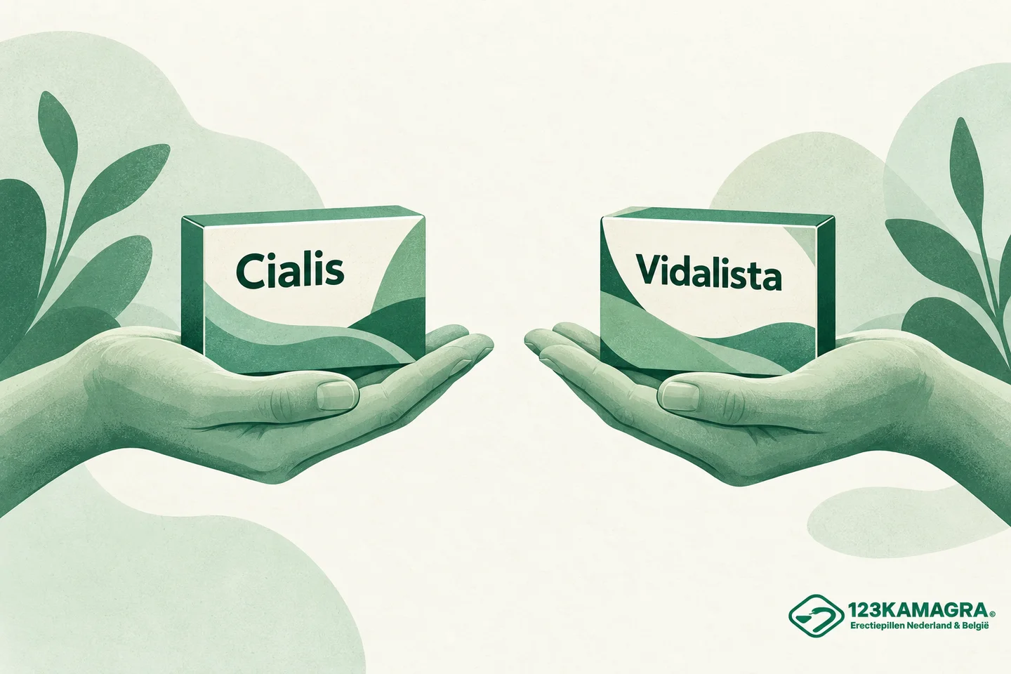 Twee handen houden symbolische doosjes met de namen Cialis en Vidalista omhoog
