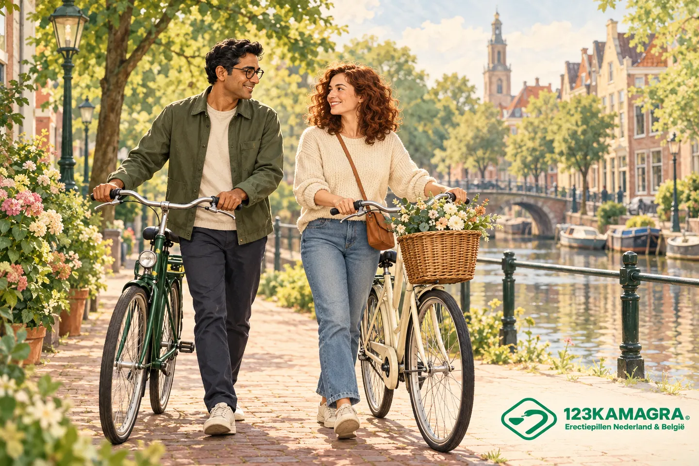 Illustratie van een stel dat met de fiets op pad is langs een gracht