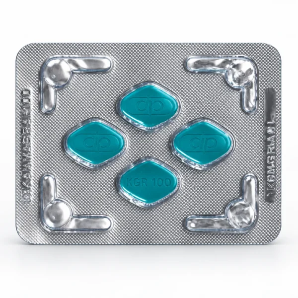 Kamagra 100 mg sildenafil, voorkant blisterstrip met groene tabletten