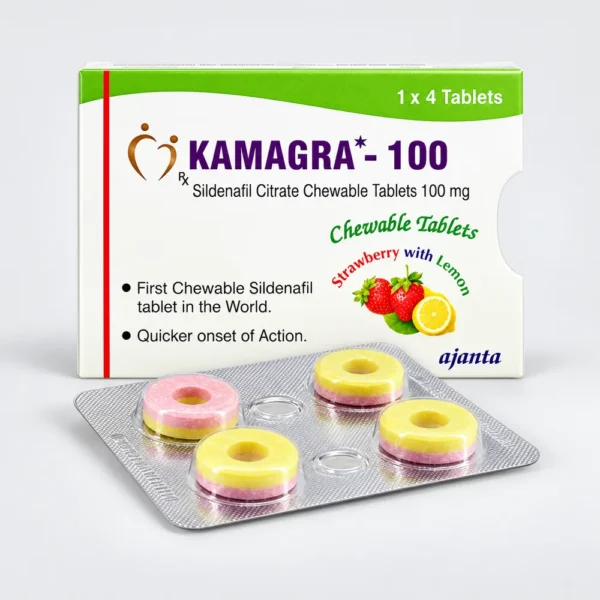 Kamagra Polo 100 mg kauwtabletten, verpakking met ronde kauwtabletten