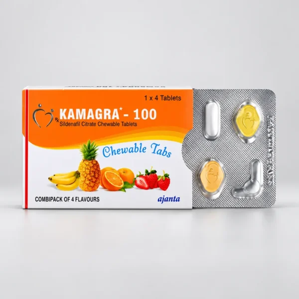 Kamagra 100 mg kauwtabletten, verpakking met fruitillustraties en tabletstrip