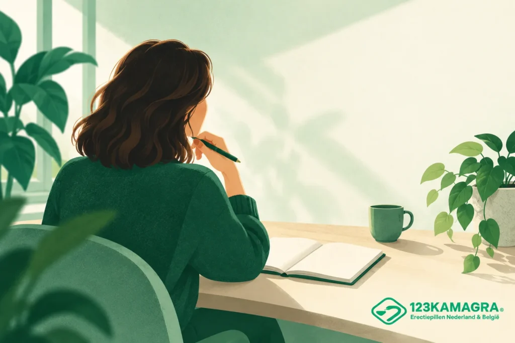 Groene illustratie van een anonieme jonge vrouw die aan een bureau nadenkt