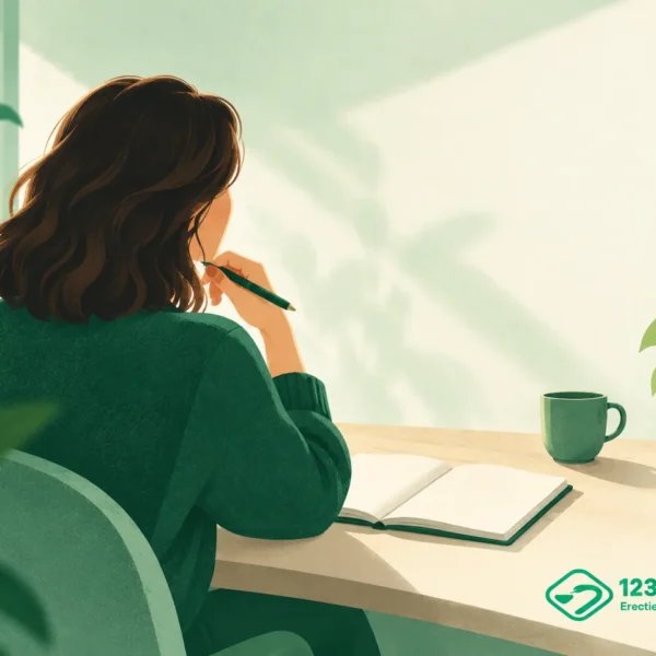 Groene illustratie van een anonieme jonge vrouw die aan een bureau nadenkt