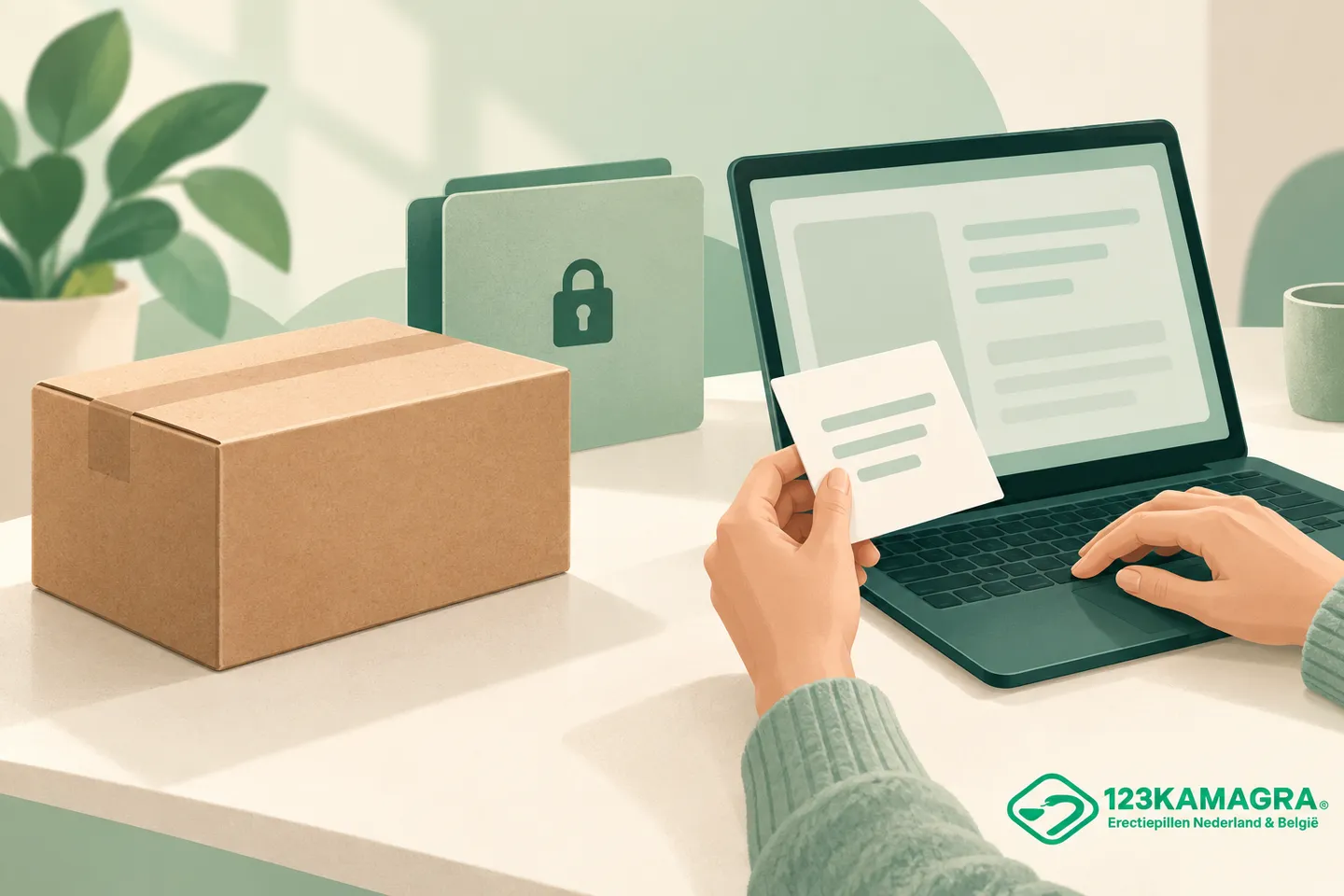 Neutraal pakket naast een laptop met afgesloten dossier: discrete verzending en digitale privacy
