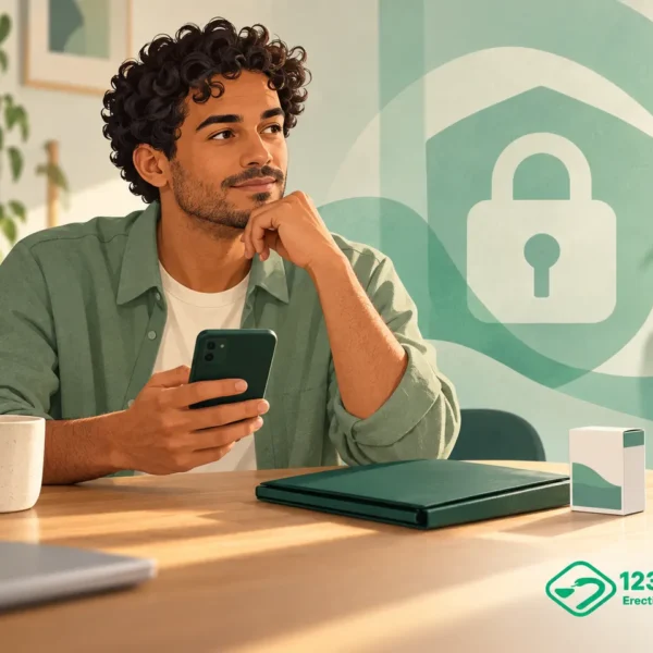 Man met telefoon naast een afgesloten medisch dossier; illustratie over medische privacy