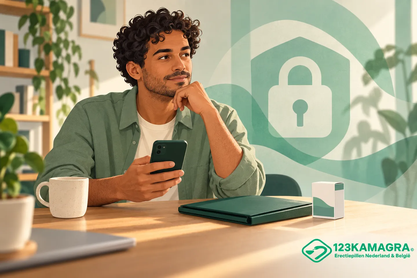 Man met telefoon naast een afgesloten medisch dossier; illustratie over medische privacy